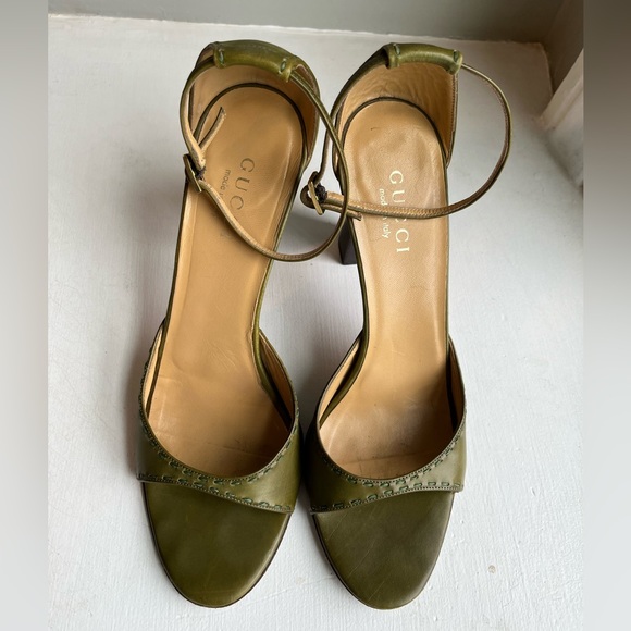 Gucci Shoes - Gucci Green Leather High Heel Peep Toe Sandal with Ankle Strap Size 9.5